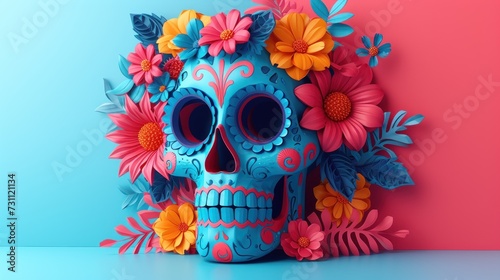 a blue sugar skull with colorful flowers on it's head and a pink and blue wall in the background.