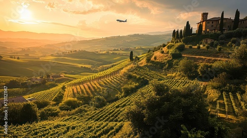 vineyard landscape at sunset, with rolling hills, terraced vineyards, and historic villas in the warm glow