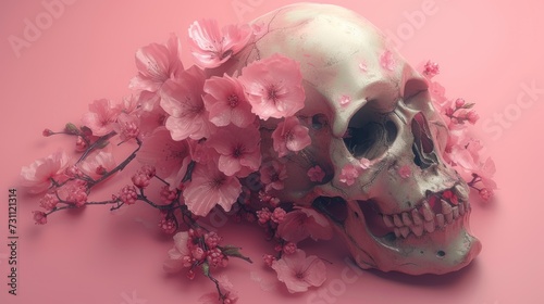 a close up of a skull on a pink background with flowers in the foreground and a branch of cherry blossoms in the foreground. photo