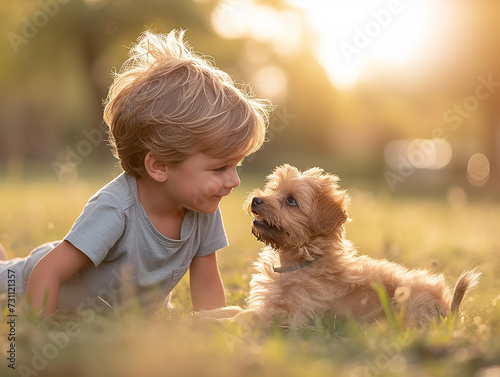 piccolo bambino biondo che gioca con il suo cane cucciolo di barboncino gioia e felicità con gli amici a quattro zampe