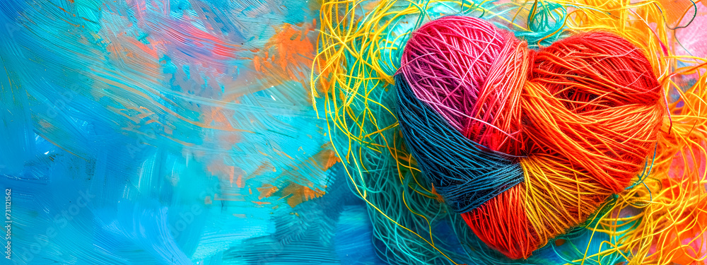 Two balls of yarn in the shape of a heart on a colorful background