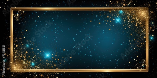 azure blue golden blank frame background with confetti glitter and sparkles