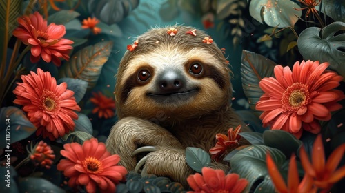 a painting of a sloth with flowers around it's neck and a smile on it's face. photo