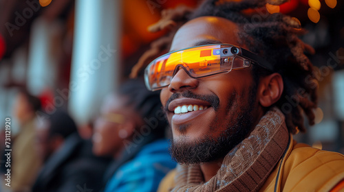 a man wearing VR glasses looking happy