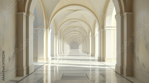 Photo of a empty white corridor under arches with a marble floor.