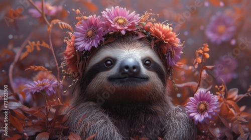 a sloth with a flower crown on it's head sitting in a field of purple and red flowers.
