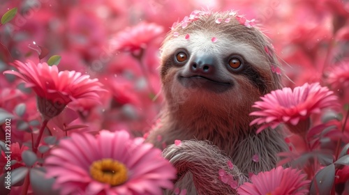 a slotty in a field of pink flowers with eyes wide open and a smile on it's face. photo