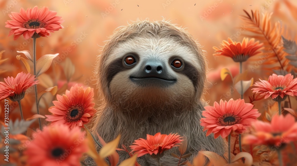 Fototapeta premium a close up of a sloth in a field of flowers with flowers in the foreground and an orange sky in the background.