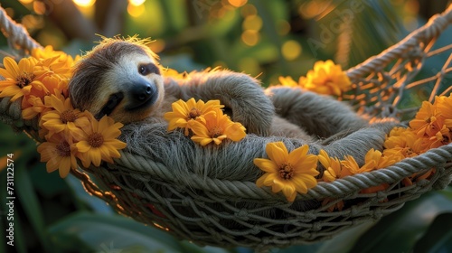 a baby sloth sleeping in a hammock with yellow flowers on the bottom of the hammock. photo