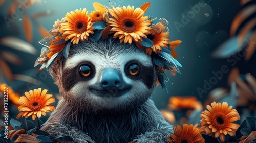 a painting of a sloth with sunflowers on it's head, surrounded by leaves and flowers. photo