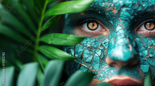 a close up of a person's face with blue paint on her face and green leaves around her face.