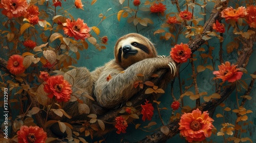 a painting of a sloth in a tree with red flowers on it s branches and a blue wall behind it.