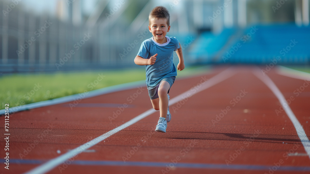 Obraz premium Little child running filled with joy and energy running on athletic track, young boy runner training on the stadium. Concept of sport, fitness, achievements, studying