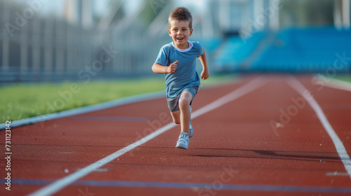 Little child running filled with joy and energy running on athletic track, young boy runner training on the stadium. Concept of sport, fitness, achievements, studying © JW Studio