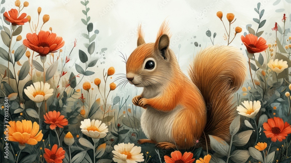 a painting of a squirrel standing on its hind legs in the middle of a field of flowers and daisies.