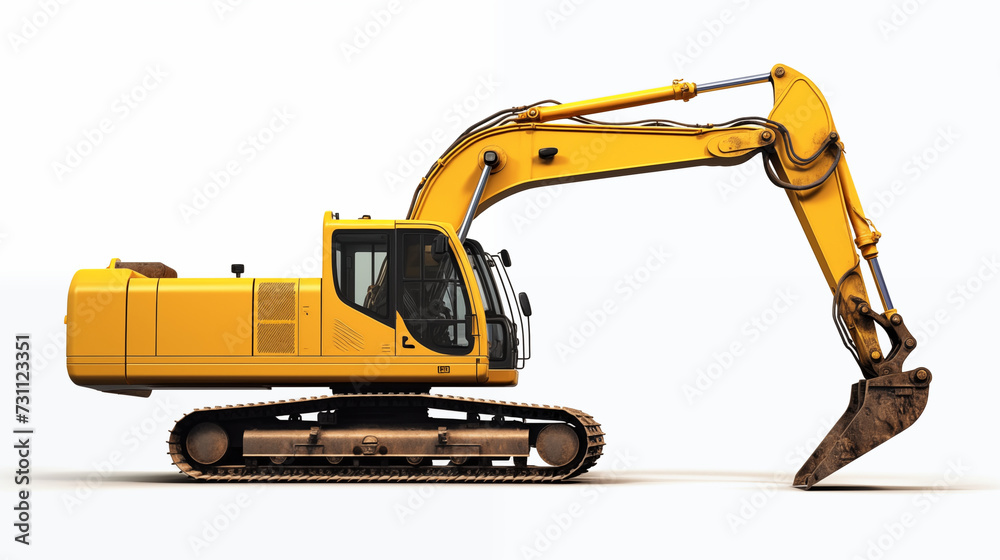 Yellow Backhoe Excavator in Action: Shadow-Free Digging on White Background Yellow Backhoe Excavator in Action: Shadow-Free Digging on White Background