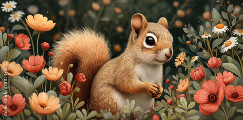 a painting of a squirrel standing in a field of flowers and daisies with a surprised look on its face. photo