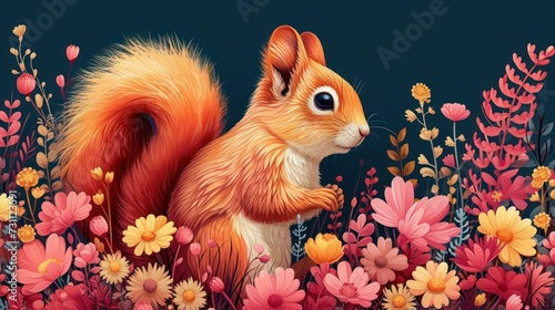 a painting of a squirrel standing in a field of flowers and daisies with a dark sky in the background.