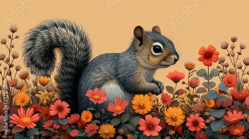 a painting of a squirrel sitting in a field of flowers and daisies with a peach sky in the background. photo