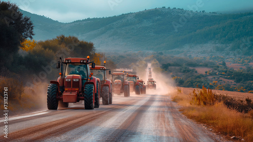 Tractores de los agricultores movilizandose por  para protestar en una huelga photo