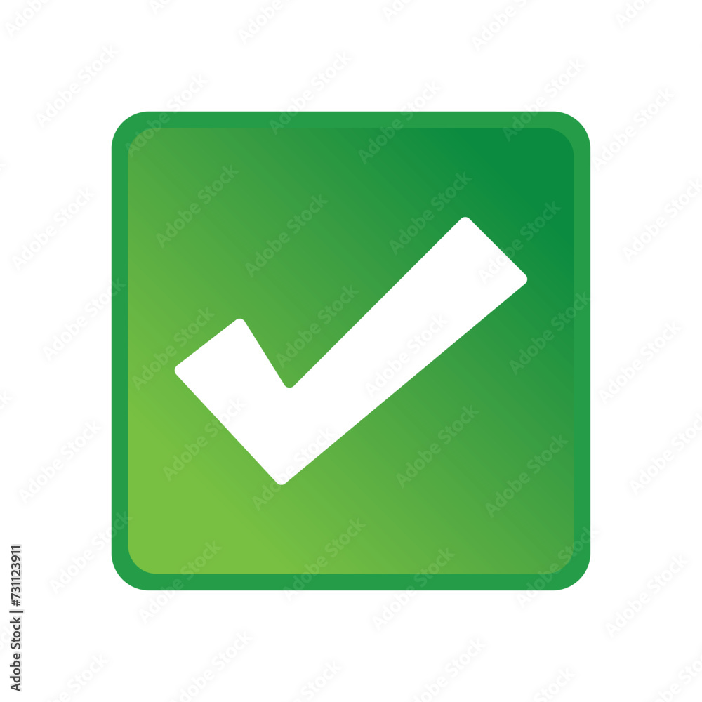 Green positive vote button with checkmark accept complete task badge vector illustration. Success confirmation logotype keypad agree approved check mark. Done checkbox. Tick button emoji icon. Green positive vote button with checkmark accept complete task badge vector illustration. Success confirmation logotype keypad agree approved check mark. Done checkbox. Tick button emoji icon.