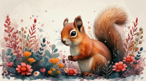 a painting of a squirrel standing in a field of flowers and grass with red and orange flowers in the background.