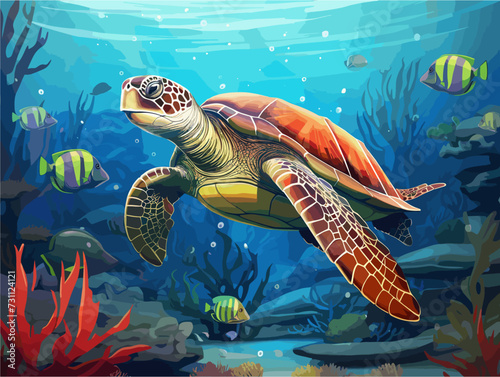Vector drawing of large turtle under water at the coral reef
with tropical fishes. Underwater world of the ocean.
Algae, corals and sea anemones on the seabed.