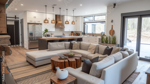 Open concept living room with connected kitchen featuring modern furniture, natural light, and wooden accents. © Davin