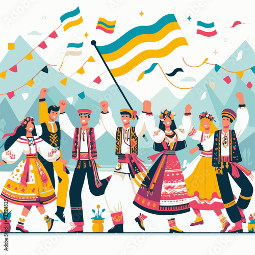 World Gypsy Day. Carnival. Vector illustration of a group of people in national costumes with a wheel.