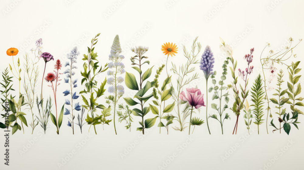 Illustration of colorful flowers and bushes on white background