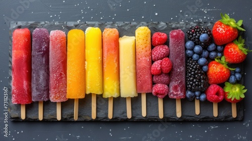 a row of popsicles with different types of fruit on top of them, all lined up in a row. photo