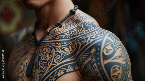 Traditional Maori tattoos on a man's shoulder and chest