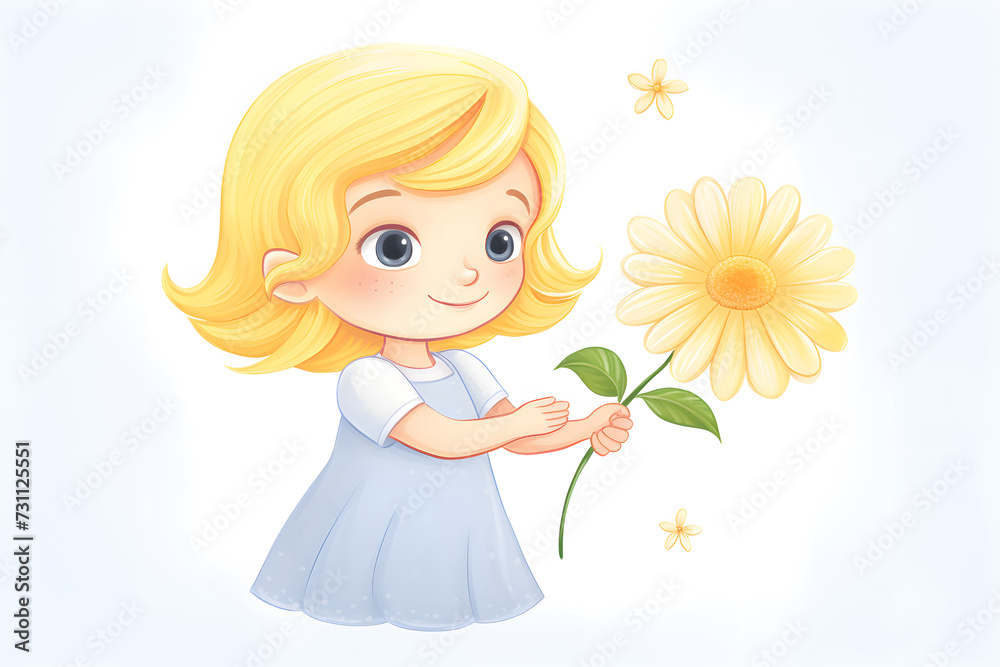 cute cartoon girl with blonde hair ,holding a yellow flower and smiling,delicate pastel colors,illustration,concept of children's goods and services,design of postcards and books,festive materials