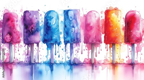 a row of colorful popsicles sitting on top of a blue and pink table next to a wall of watercolor splatters. photo