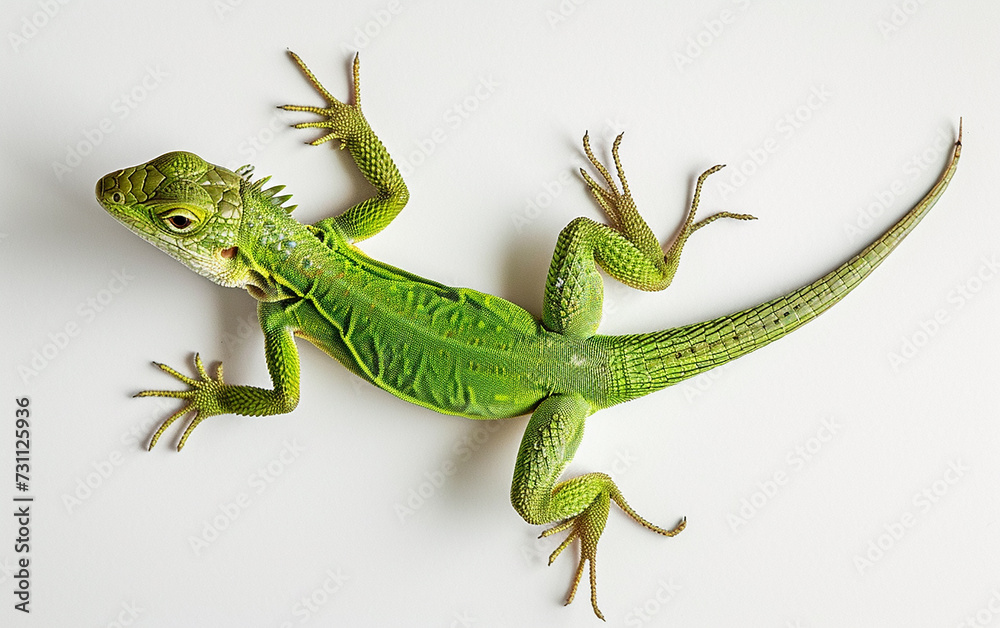 Fototapeta premium A top down view of a whole green lizard on a plain wh