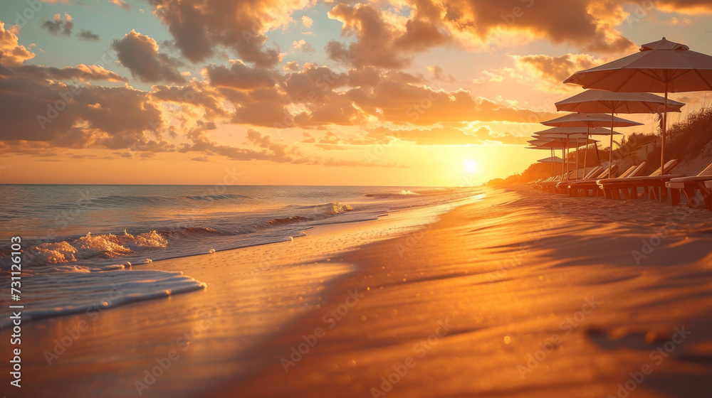 Waves hitting the beach in the evening with traces on the beach in the sand with loungers and umbrellas in front of them Waves hitting the beach in the evening with traces on the beach in the sand with loungers and umbrellas in front of them