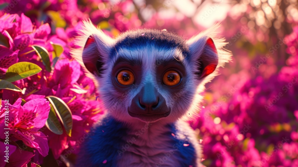 a close up of a monkey in a field of flowers with flowers in the foreground and trees in the background. a close up of a monkey in a field of flowers with flowers in the foreground and trees in the background.