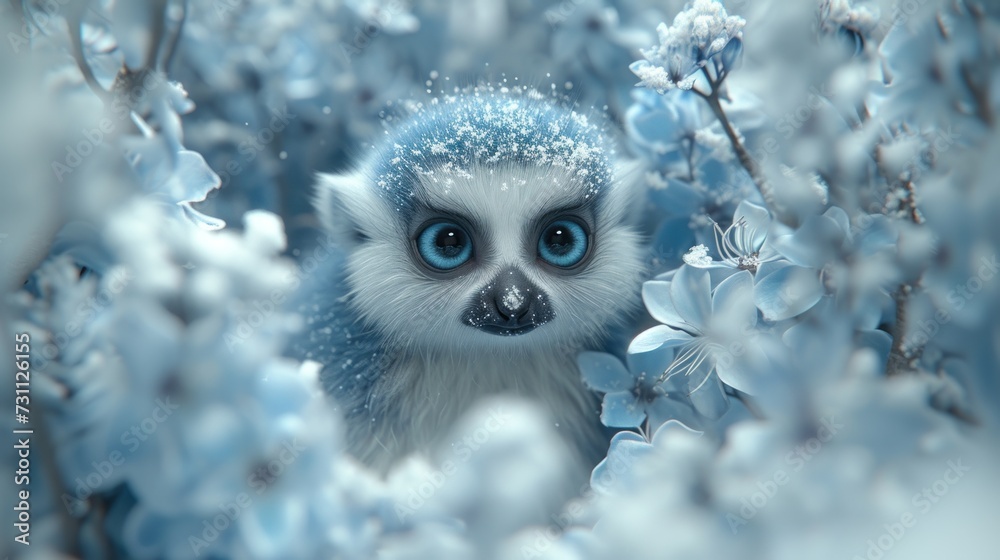 a close up of a monkey in a tree with snow on it's head and flowers in the background. a close up of a monkey in a tree with snow on it's head and flowers in the background.