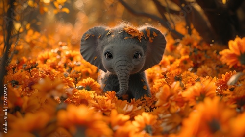 a baby elephant standing in the middle of a field of orange flowers with a forest of trees in the background. photo