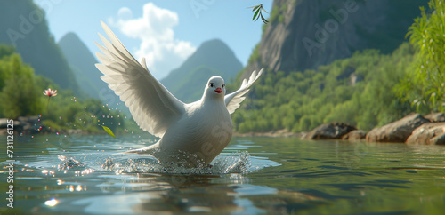 a white bird flying over a body of water next to a lush green forest filled with lots of green trees. photo