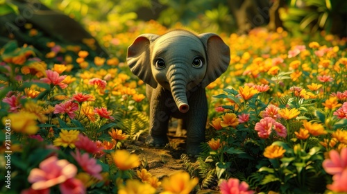 a baby elephant standing in a field of flowers with its trunk in the air and it's eyes wide open.