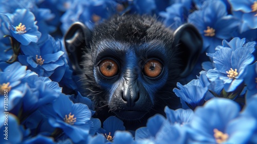 a close up of a monkey in a bunch of blue flowers with eyes wide open and looking at the camera.