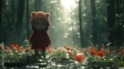 a little red teddy bear standing in the middle of a forest with lots of red flowers in the foreground.