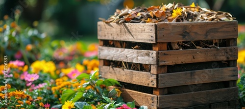 Wooden composting bin with flowers, plants, copy spacehome garden waste recycling.