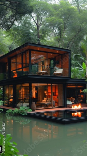 a house sitting on top of a body of water surrounded by lush green trees and surrounded by a lush green forest. photo