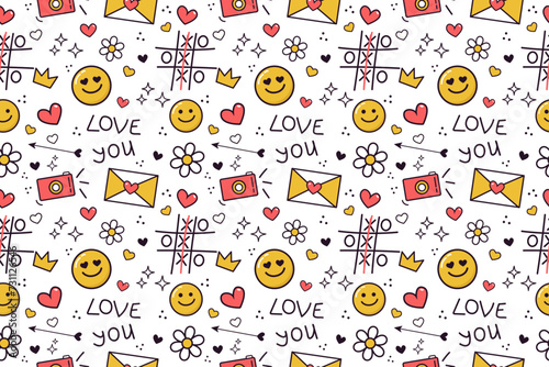 Seamless pattern with groovy outline doodle elements hearts, happy faces, yellow smile, flower, crown, love letter, arrow, tic tac toe, envelope for happy Valentines day isolated on white background