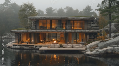 a house sitting on top of a body of water next to a lush green forest filled with lots of trees. photo