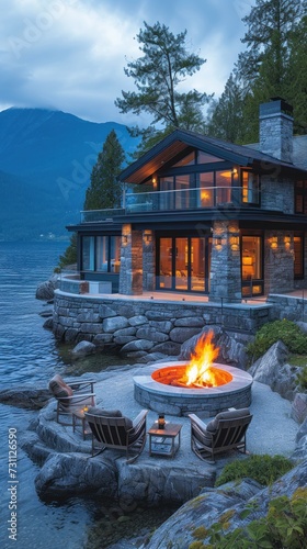 a house with a fire pit in front of it on the shore of a lake with mountains in the background. photo