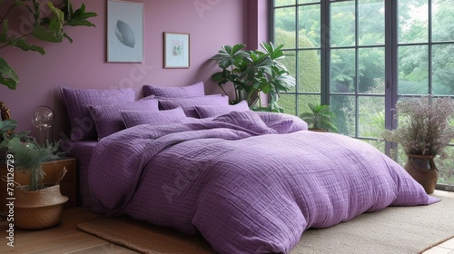 a bed with a purple comforter and a potted plant in the corner of a room with a large window. photo