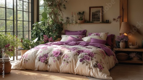 a bedroom with a bed covered in a purple flowered comforter and a potted plant on the side of the bed. photo